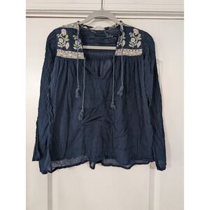 FP ONE Bohemian Embroidered peasant blouse Top Long Sleeve Navy Blue lightweight